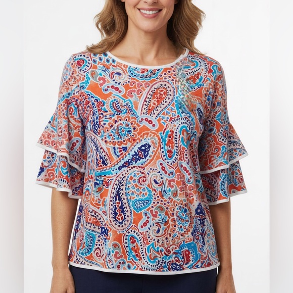 Cable & Gauge Tops - Cable & Gauge 3/4 Ruffle Bell Short Sleeve Blouse Paisley White Hem Large NWT